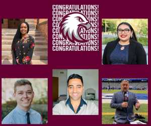 A collage of the new members headshots are displayed in two rows. On the upper left is Berlynn Bintengo '21, top middle is Auggie Eagle with the word "Congratulations" repeatedly written out in the back, top right is Arianna Antone-Ramirez ’20, bottom left is Willie Giller ’19, bottom middle is Navid Amini ’19 MBA, and bottom right is Dave Stevens '90